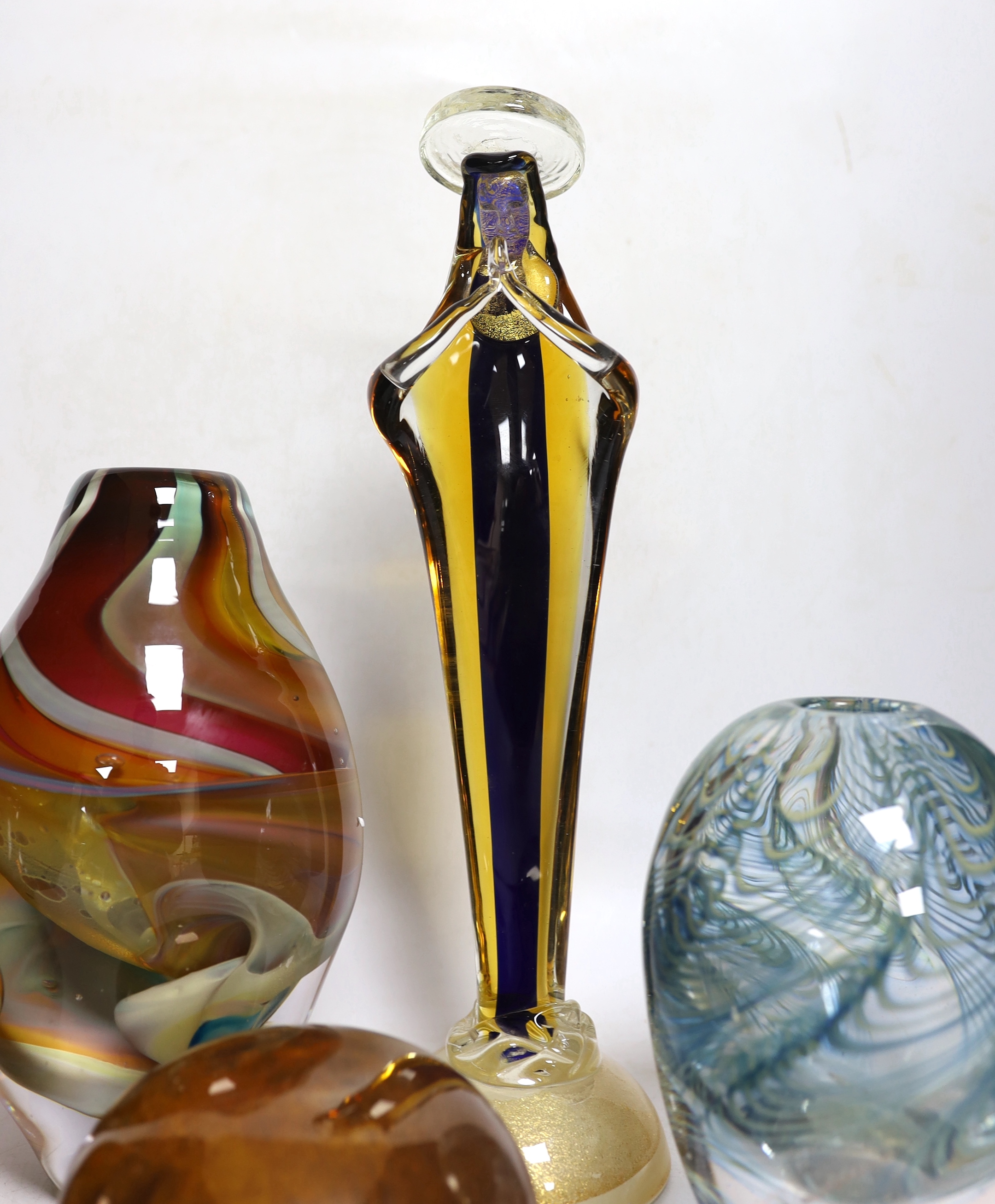 Five studio glass vases/sculptures, including a Murano figure of Madonna, tallest 34cm